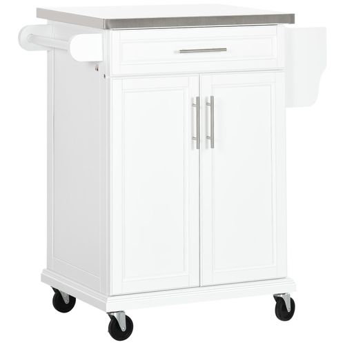 Chariot De Service Desserte De Cuisine À Roulettes Îlot De Cuisine - Placard 2 Portes, Étagères, Range Couverts Et Condiments Latéral - Plateau Acier Inox. Bois Blanc