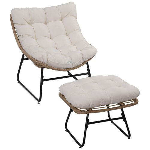 Fauteuil De Jardin Avec Repose-Pieds - 2 Coussins Polyester Inclus - Métal Époxy Résine Tressée Aspect Rotin Beige