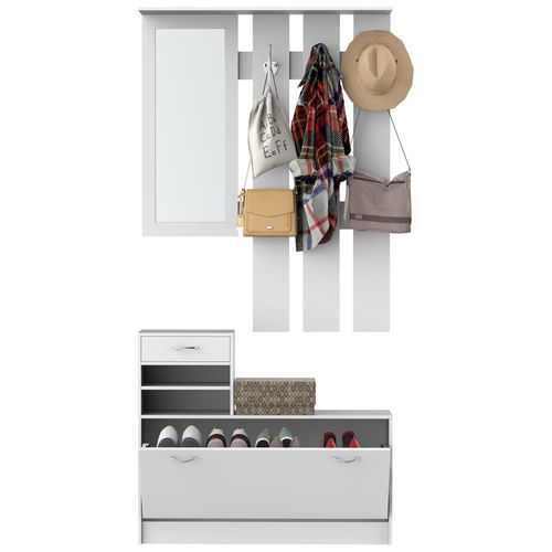 Ensemble De Meubles D'entrée Design Contemporain : Meuble Chaussures, Miroir Et Panneau Porte-Manteau Pan