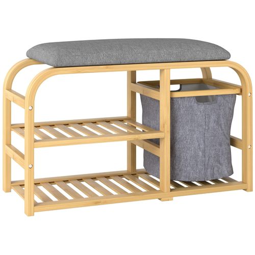 Banc À Chaussures En Bambou - 2 Étagères, Panier Tissu Coulissant - Coussin Gris