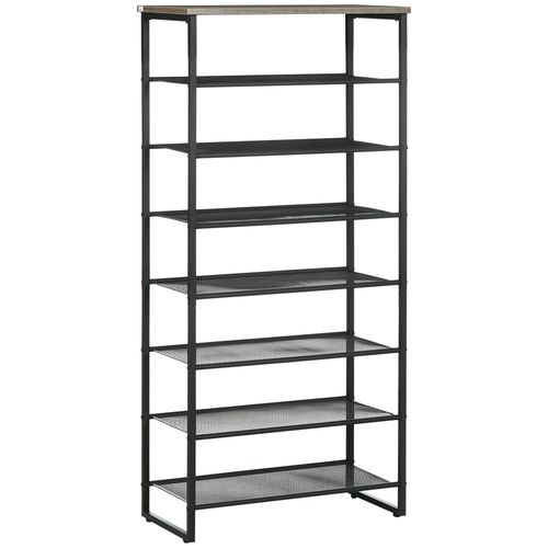 Etagère À Chaussures 7 Niveaux Et Plateau Acier Noir Aspect Bois Gris