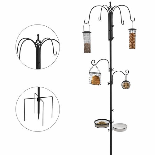 Mangeoire À Oiseaux Complet H.2,26 M Style Rustique Chic - 6 Crochets Réglables, 4 Mangeoires, Plateau D¿Alimentation, Grand Bain, 4 Piquets D'ancrage Au Sol - Acier Époxy Aspect Fer Forgé