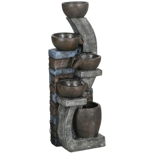 Fontaine D'eau Extérieure 5 Niveaux, Fontaine De Jardin Avec Lumières Led, Panneau Solaire 3,7 Kw, Pompe, Débit De 450l/H, En Résine, Gris Et Marron