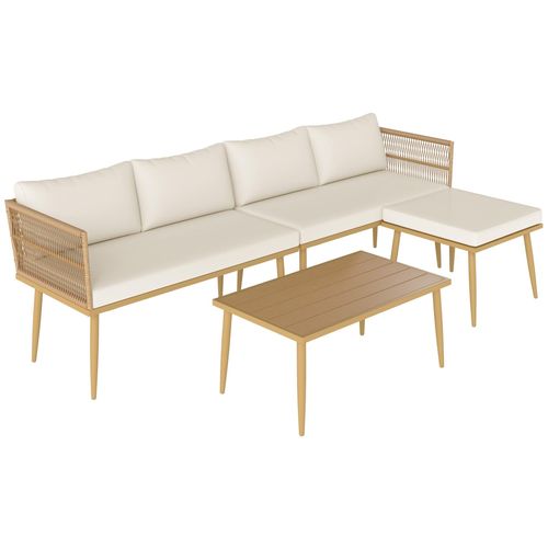 Ensemble Salon De Jardin 5 Places Modulables Avec Table Basse Et Coussins Résine Tressée Filaire Beige