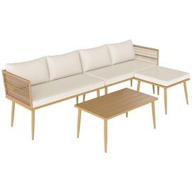 Ensemble Salon De Jardin 5 Places Modulables Avec Table Basse Et Coussins Résine Tressée Filaire Beige