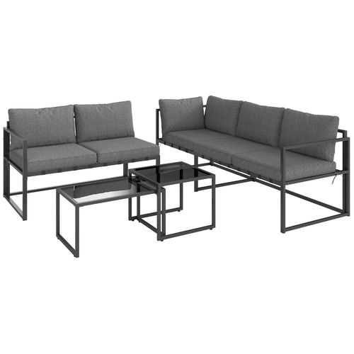 Ensemble Salon De Jardin D'angle 5 Places 4 Pièces Modulables Tables Basses Gigognes Acier Verre Trempé Noir Gris