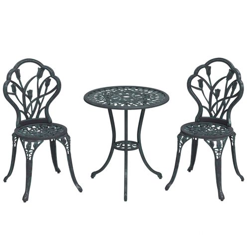 Ensemble Salon De Jardin 2 Places 2 Chaises + Table Ronde Fonte D'aluminium Imitation Fer Forgé Noir Effet Vieilli