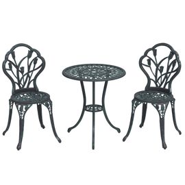 Ensemble Salon De Jardin 2 Places 2 Chaises + Table Ronde Fonte D'aluminium Imitation Fer Forgé Noir Effet Vieilli