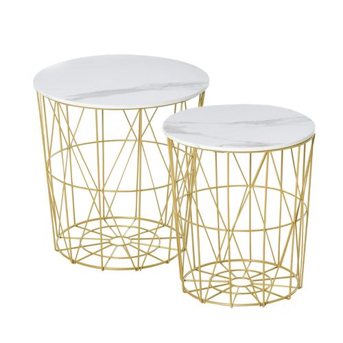 Lot De 2 Tables Gigognes Néo-Rétro Métal Doré Aspect Marbre Blanc