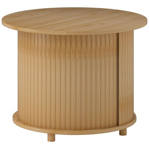 Table Basse Ronde Style Exotique Bambou - Porte Coulissante À Lamelles Verticales - Ø60 X 45h Cm