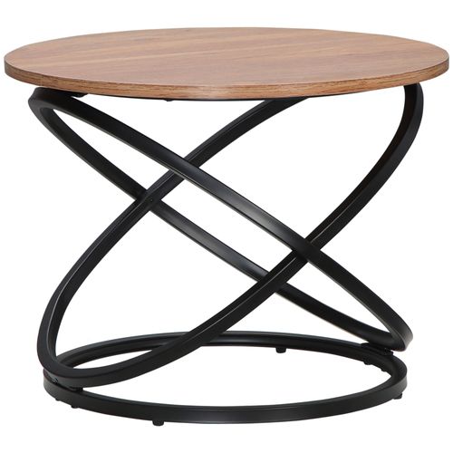 Table Basse Ronde Design Néo-Rétro Acier Anneaux Noir Effet Bois Clair