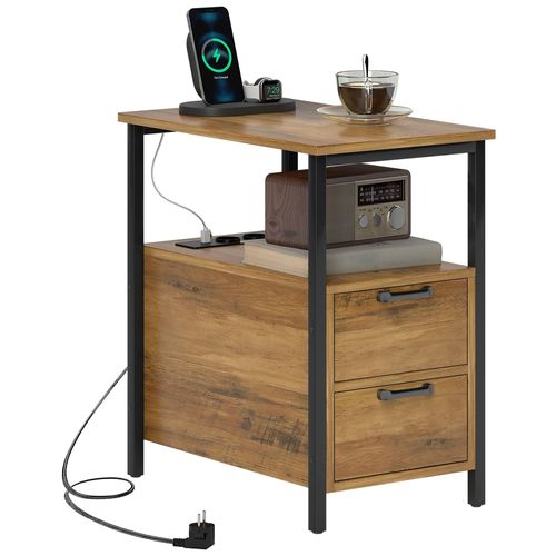 Bout De Canapé Table Basse D'appoint 2 Tiroirs Niche 2 Prises Port Usb Métal Noir Effet Bois Vieilli