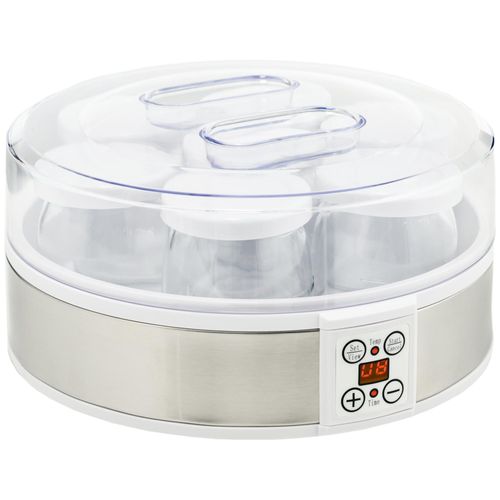 Yaourtière 7 pots inclus 180 ml 20 W - machine à yaourt électrique - timer, thermostat, affichage numérique - acier inox. PP blanc verre