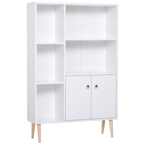 Bibliothèque Scandinave Dim. 80l X 23,5l X 124h Cm 5 Niches Placard 2 Portes Pieds Effilés Inclinés Bois