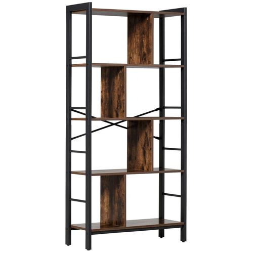 Bibliothèque, Étagère De Rangement À 4 Niveaux Style Industriel Panneaux Particules Aspect Vieux Bois Mét