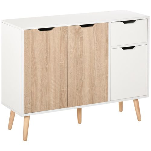 Buffet Design Scandinave 2 Placards Tiroir Coulissant Pieds Bois Massif Pin Panneaux Particules Blanc Chê