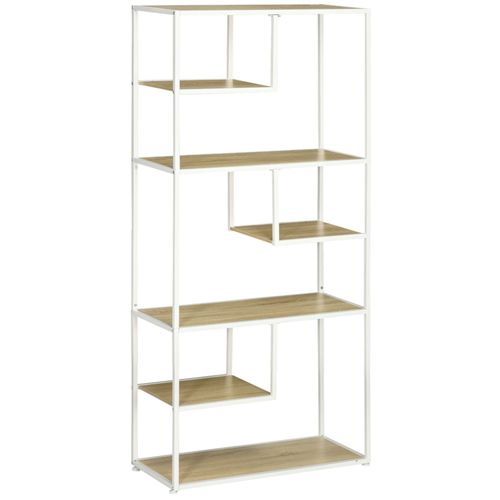 Bibliothèque 7 Niveaux Style Industriel Aspect Bois Clair Acier Blanc