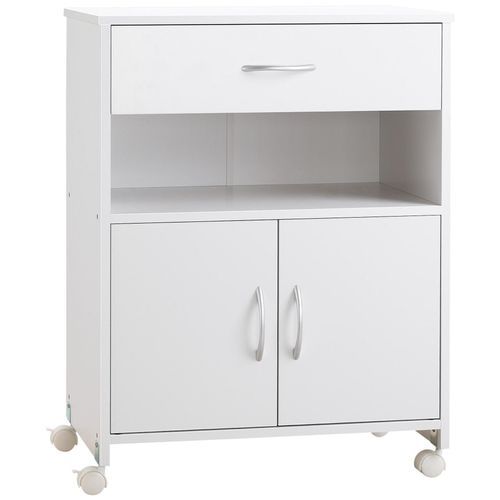 Support D'imprimante - Rangement Imprimante Sur Roulettes - Tiroir, Niche, 2 Portes, Étagère - Blanc