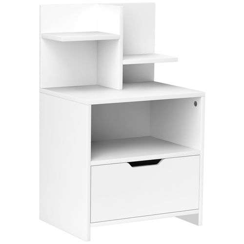Chevet Table De Nuit Multi-Rangement Tiroir Niche Plateau 2 Étagères Aspect Bois Blanc