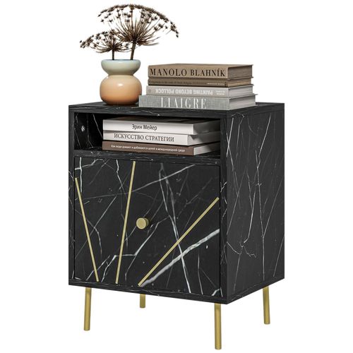 Chevet Table De Nuit Design - Tiroir, Niche - Doré Aspect Marbre Noir