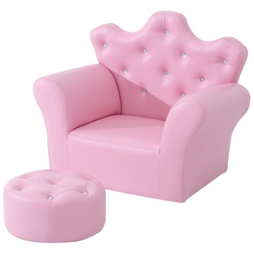 Ensemble Fauteuil Et Pouf Enfant Design Couronne De Princesse - Dossier Et Assise Pouf Avec Boutons Strass Aspect Cristaux - Structure Bois Revêtement Synthétique Pvc Rose
