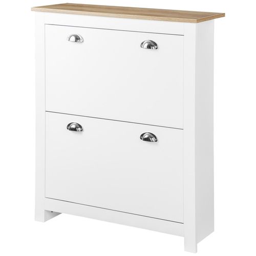 Armoire À Chaussures 2 Portes Abattantes 2 Compartiments Poignées Coquilles Métal Mdf Blanc Chêne Clair