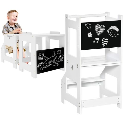 Tour D'apprentissage Tableau À Craie Tabouret Bureau 3 En 1 - Marches Antidérapantes, Barreau, Hauts Rebords De Sécurité - Mdf Blanc Noir