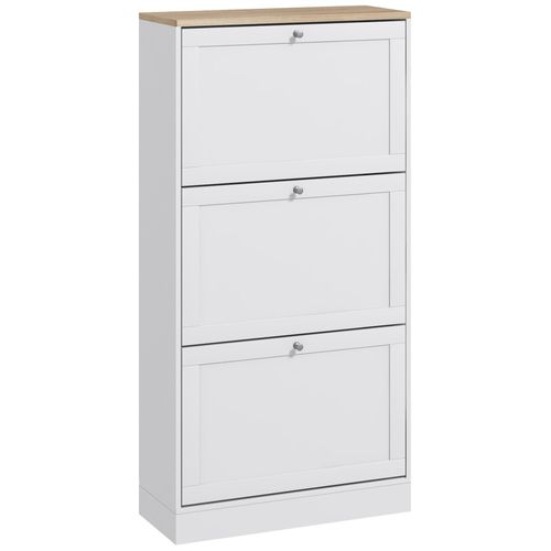 Armoire À Chaussures 3 Portes Abattantes 2 Compartiments Panneaux Particules Blanc Aspect Chêne Clair