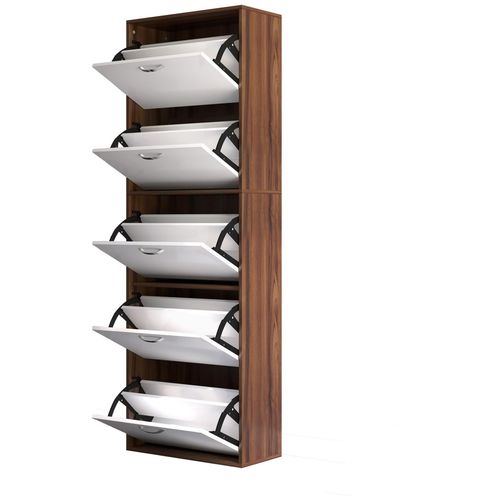 Armoire À Chaussures Meuble À Chaussures Design Contemporain 5 Portes Abattantes Bicolore Blanc Marron Fo