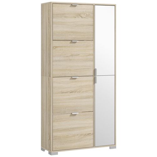 Meuble À Chaussures - 4 Portes Abattantes, 2 Portes Miroirs, Étagères Réglables - Aspect Bois Naturel