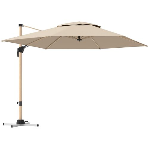 Parasol Déporté Hexagonal Inclinable Pivotant Dim. 4,2l X 3l X 2,7h M Alu Effet Bois Polyester Anti-Uv Upf50+ Kaki