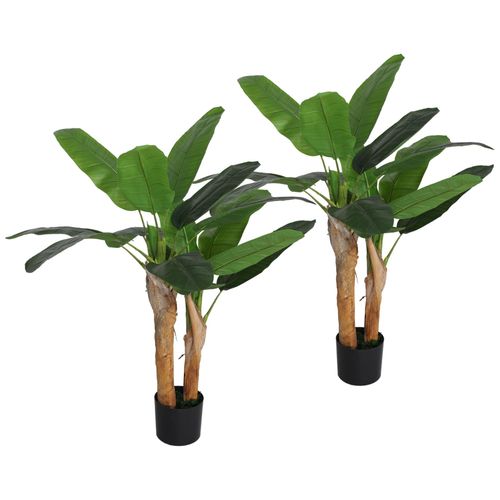 Lot de 2 plantes artificielles bananiers H.120 cm - grand réalisme - 15 feuilles - mousse effet lichen pots inclus