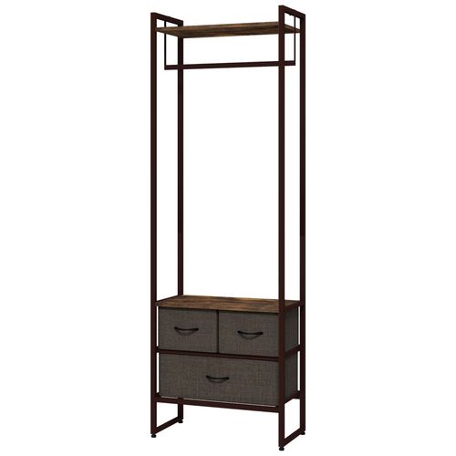 Portant À Vêtement Style Industriel - Barre Penderie, 2 Étagères, 3 Tiroirs - Acier Noir Effet Bois Vieilli