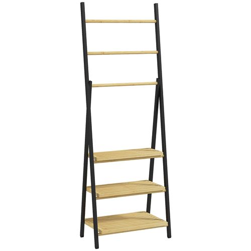 Porte-serviettes pliable 3 barres de suspension et 3 étagères en bambou pour salle de bains, structure métal noir