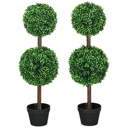 Lot de 2 buis artificiel double boules - cailloux et pot inclus - H.90 cm PE vert