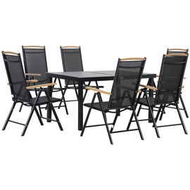 Ensemble Table De Jardin 6 Personnes - Chaises Pliables Inclinables Accoudoirs - Alu Textilène Noir Plastique Effet Bois