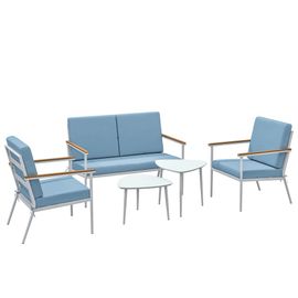 Salon De Jardin 4 Personnes 5 Pièces 2 Tables Basses Gigognes Acier Blanc Accoudoirs Effet Bois Coussins Bleu