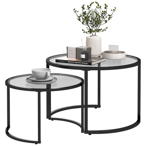 Lot De 2 Tables Basses Gigognes Rondes Style Contemporain - Acier Noir Verre Trempé 5 Mm