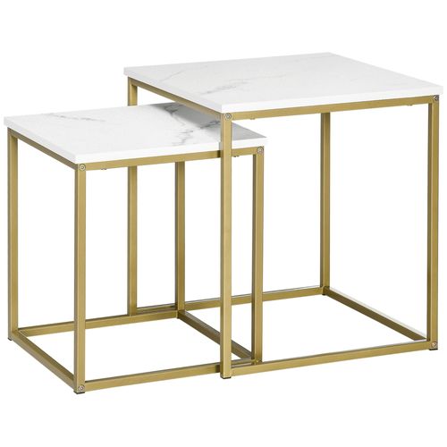 Lot De 2 Tables Gigognes Art Déco Acier Doré Aspect Marbre Blanc