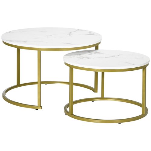 Lot De 2 Tables Gigognes Art Déco Acier Doré Aspect Marbre Blanc