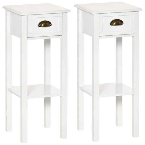 Lot De 2 Tables D'appoint Bout De Canapé Guéridon - Tiroir, Étagère - Dim. 30l X 30l X 75h Cm - Poignées Coquilles Laiton Vieilli Mdf Blanc