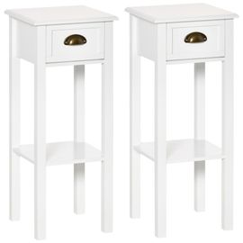 Lot De 2 Tables D'appoint Bout De Canapé Guéridon - Tiroir, Étagère - Dim. 30l X 30l X 75h Cm - Poignées Coquilles Laiton Vieilli Mdf Blanc