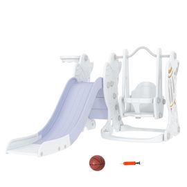 Portique Enfant Toboggan Et Balançoire Avec Panier De Basket-Ball - Aire De Jeux 3 En 1 - Usage Intérieur Extérieur - Blanc Gris