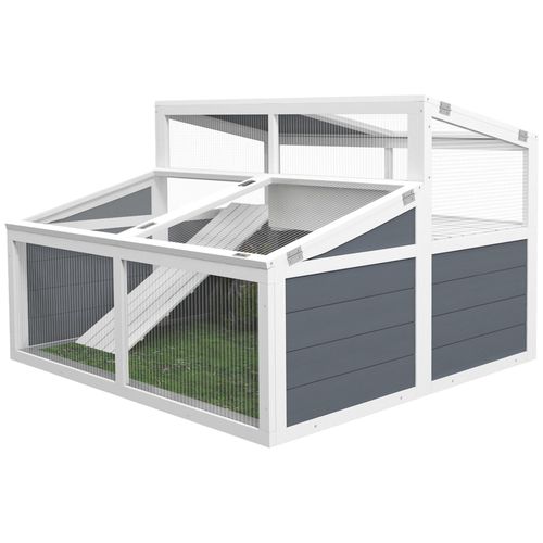 Terrarium Enclos Tortue 2 Espaces Toit Polycarbonate 3 Portes Rampe Bois Gris Blanc
