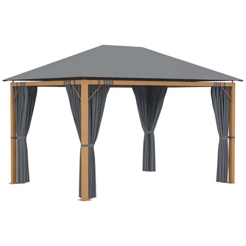 Pavillon De Jardin Style Contemporain - Barnum Avec Rideaux - Dim. 3,97l X 2,97l X 2,8h M - Alu. Aspect Bois Polyester Gris
