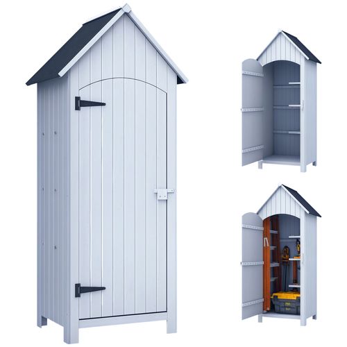 Armoire Abri De Jardin Remise Pour Outils 3 Étagères Porte Loquet Toit Pente Bitumé Dim. 77l X 54l X 179h Cm Bois Sapin Pré-Huilé Blanc