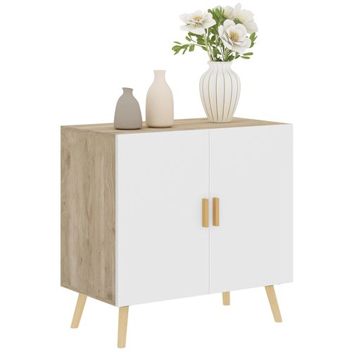 Buffet 2 Portes Étagère Design Scandinave - Blanc Effet Chêne Clair