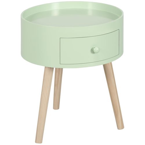 Chevet Table De Nuit Ronde Design Scandinave Tiroir Bicolore Pieds Effilés Inclinés Bois Massif Chêne Clair Vert