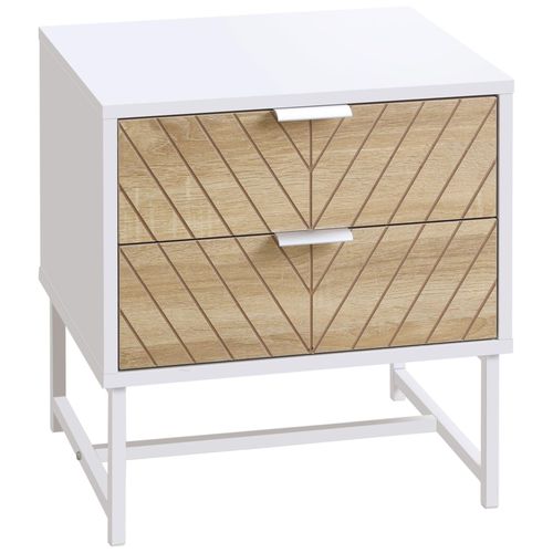 Chevet Table De Nuit Style Graphique - 2 Tiroirs Façades Chevrons - Acier Blanc Aspect Bois Clair