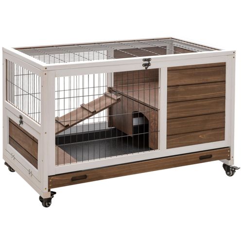 Clapier À Lapin Sur Roulettes Cage À Lapin 2 Étages Porte Verrouillable Toit Ouvrant Plateau Coulissant Rampe Bois De Sapin Marron Blanc